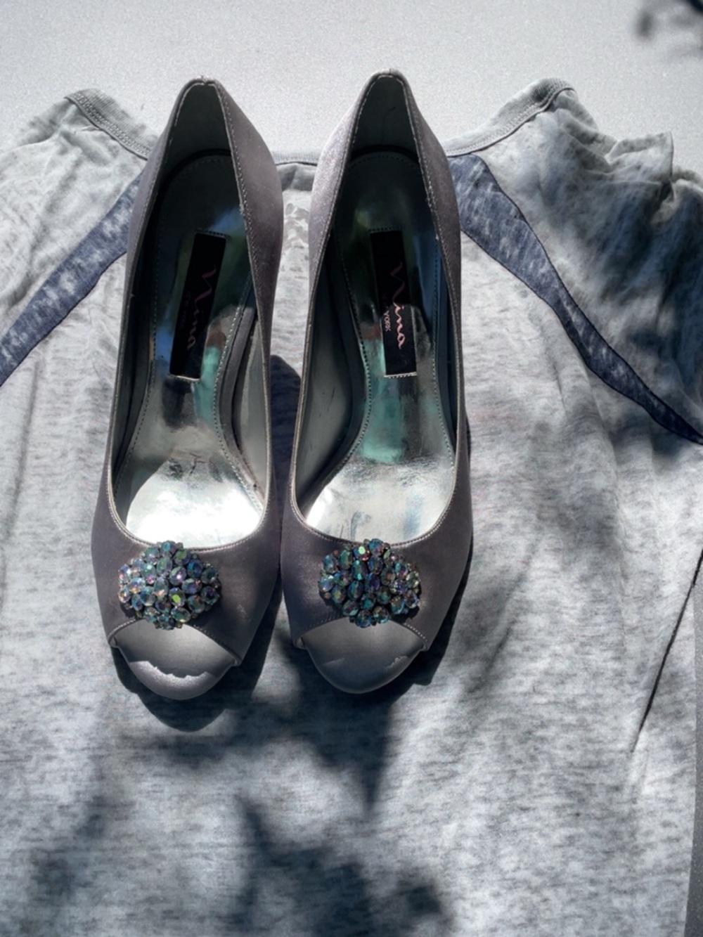 Nina Silver Gray Peep-Toe Heels with Jeweled Accent